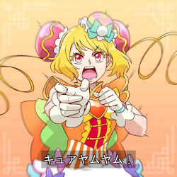 Rule 34 | 1girl, back bow, blonde hair, bob cut, bow, brooch, bun cover, commentary, cure yum-yum, delicious party precure, dress, fighting stance, frown, gloves, gosei sentai dairanger, hair bun, hanamichi ran, heart, heart brooch, highres, huge bow, jewelry, looking at viewer, open mouth, orange background, orange bow, orange dress, precure, red eyes, satou yasu, short hair, sleeveless, sleeveless dress, solo, super sentai, translated, triple bun, upper body, v-shaped eyes, white gloves, yellow bow