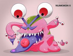 Rule 34 | creatures (company), digimon, digimon (creature), ditto, game freak, gen 1 pokemon, highres, nintendo, numemon, numemon x-antibody, pokemon, pokemon (creature), red eyes, sharp teeth, teeth, tongue, tongue out, x-antibody