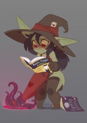 Rule 34 | 1girl, artist name, black hair, black headwear, book, boots, brown footwear, brown gloves, dress, female goblin, frown, gloves, goblin, grey background, hat, heart, highres, holding, holding book, huffslove, knee boots, long hair, looking down, open book, original, pointy ears, reading, red dress, red eyes, simple background, sweat, tentacles, witch hat
