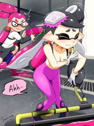 Rule 34 | 1boy, 1girl, artist name, ass, backpack, bag, bike shorts, black footwear, black hair, blue eyes, blue footwear, blush, boots, breasts, callie (splatoon), cleavage, closed eyes, closed mouth, collarbone, constricted pupils, domino mask, earrings, embarrassed, full body, gloves, gradient hair, hair tie, hand up, hands up, have to pee, holding, holding weapon, ink tank (splatoon), inkling player character, jewelry, kakuume, knees together feet apart, layered sleeves, long hair, long sleeves, looking at another, looking back, mask, medium breasts, mole, mole under eye, multicolored hair, nintendo, nose blush, notice lines, object on heat, outdoors, pantyhose, peeing, peeing self, pink hair, pink pantyhose, pointy ears, puddle, running, shirt, short hair, short over long sleeves, short sleeves, signature, solo focus, speech bubble, splat roller (splatoon), splatoon (series), splatoon 1, splattershot (splatoon), standing, surprised, sweat, tentacle hair, tentacles, topknot, topless, trembling, weapon, wet, wet clothes, white gloves, white shirt, window