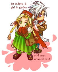 Rule 34 | 1boy, 1girl, ahoge, bag, blonde hair, blue eyes, blush, braid, coat, crossed arms, denim, dress, english text, engrish text, florina (wild arms), florina (wild arms 3), fringe trim, frown, gloves, green eyes, hat, jeans, jet enduro, long hair, lowres, multicolored eyes, pants, parted bangs, purple eyes, ranguage, scarf, shoes, shy, simple background, smile, twin braids, twintails, typhoon sanctuary, white hair, wild arms, wild arms 3
