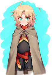 Rule 34 | 1girl, aged down, ahoge, blonde hair, blush, cloak, closed mouth, fate/apocrypha, fate (series), green eyes, looking at viewer, mordred (fate), mordred (fate/apocrypha), parted bangs, sheath, sheathed, sidelocks, solo, sword, weapon, yorukun