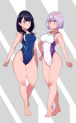 Rule 34 | 2girls, absurdres, aiuti, bare legs, barefoot, black hair, blue eyes, blue one-piece swimsuit, blush, body blush, breasts, closed mouth, commentary request, competition swimsuit, covered navel, feet, full body, gridman universe, highleg, highres, large breasts, light purple hair, long hair, medium breasts, multiple girls, one-piece swimsuit, red eyes, shinjou akane, shiny skin, short hair, ssss.gridman, standing, straight hair, swimsuit, takarada rikka, thighs, white one-piece swimsuit, wide hips