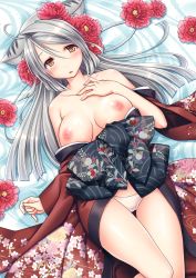 Rule 34 | 1girl, absurdres, animal ears, bare shoulders, blush, breasts, breasts apart, breasts out, brown kimono, camellia, cameltoe, collarbone, cowboy shot, cropped, floral print, flower, from above, grey hair, hair between eyes, hair flower, hair ornament, hand on own chest, hand up, highres, japanese clothes, kimono, legs together, long hair, long sleeves, looking at viewer, lying, medium breasts, nipples, non-web source, obi, off shoulder, on back, open mouth, original, panties, pantyshot, parted bangs, parted lips, red flower, sash, scan, shiny skin, side slit, sidelocks, solo, tail, theta (ponkotsu works), thigh gap, tiger ears, tiger girl, tiger tail, toranoana, underwear, white panties, wide sleeves, yellow eyes, yukata