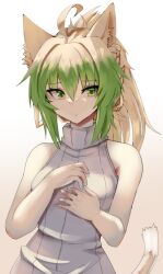 Rule 34 | 1girl, ahoge, alternate hairstyle, animal ears, atalanta (fate), blonde hair, breasts, closed mouth, fate/apocrypha, fate/grand order, fate (series), gradient hair, green eyes, green hair, hands on own chest, looking at viewer, medium breasts, multicolored hair, nahu, ponytail, ribbed sweater, sidelocks, simple background, sleeveless, sleeveless turtleneck, solo, sweater, tail, turtleneck, turtleneck sweater, upper body, white background, white sweater