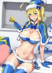Rule 34 | 1girl, :d, ahoge, artoria pendragon (fate), bell, bikini, blue gloves, blue santa costume, blue thighhighs, blush, box, breasts, capelet, cleavage, fate/grand order, fate (series), gift, gift box, gloves, hat, highres, isao, long hair, looking at viewer, mysterious heroine x (fate), mysterious heroine xx (fate), navel, open mouth, ponytail, santa bikini, santa costume, santa hat, sitting, smile, solo, swimsuit, thighhighs