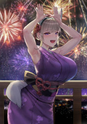 Rule 34 | 1girl, absurdres, animal ears, armpits, breasts, cat ears, cat tail, dress, festival, fireworks, grey hair, highres, japanese clothes, kimono, large breasts, mute (mute89539160), original, purple dress, purple eyes, purple kimono, solo, tail