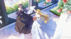 Rule 34 | 2girls, absurdres, bare shoulders, bibi dong (douluo dalu), blonde hair, bouquet, bug, bush, butterfly, detached collar, douluo dalu, dress, expressionless, flower, from above, full body, hair ornament, highres, holding, holding bouquet, insect, long hair, mother and daughter, multiple girls, pillar, purple hair, qian renxue (douluo dalu), short hair, veil, wedding dress, yunmeng liang xi
