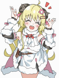 Rule 34 | 1girl, ahoge, arms up, belt pouch, black sleeves, blonde hair, blush, bow, bowtie, breasts, brooch, cape, closed eyes, cowboy shot, detached sleeves, dress, flower 035, fur-trimmed cape, fur-trimmed dress, fur-trimmed sleeves, fur trim, hair ornament, hairclip, highres, hololive, horns, jewelry, large breasts, long hair, open mouth, pink cape, pouch, red bow, red bowtie, red brooch, sheep girl, sheep horns, simple background, sleeveless, sleeveless dress, solo, standing, tsunomaki watame, tsunomaki watame (1st costume), two-sided cape, two-sided fabric, virtual youtuber, white background, white dress, white sleeves