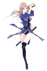 Rule 34 | 10s, 1girl, awashima seri, black thighhighs, blue eyes, brown hair, holding, holding sword, holding weapon, k-project, long hair, saryou, simple background, solo, sword, thighhighs, uniform, weapon, white background