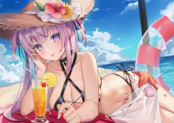 Rule 34 | + +, 1girl, :p, bare arms, bare shoulders, beach, beach towel, beach umbrella, bikini, black bikini, black choker, black ribbon, blue sky, blush, breasts, brown hat, cherry, choker, cleavage, cloud, collarbone, criss-cross halter, cross, cup, day, drink, drinking glass, drinking straw, flower, food, fruit, ginn (hzh770121), hair ribbon, halterneck, hand on own cheek, hand on own face, hat, hat flower, hibiscus, innertube, large breasts, lime (fruit), lime slice, long hair, looking at viewer, lying, multicolored hair, navel, ocean, on side, original, outdoors, pink flower, pubic tattoo, purple eyes, purple hair, ribbon, sarong, seashell, see-through, shell, sideboob, sky, solo, starfish, stomach, straw hat, swim ring, swimsuit, tattoo, tongue, tongue out, towel, two-tone hair, umbrella, very long hair, water, yellow flower