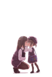Rule 34 | 2girls, age difference, age progression, bag, brown hair, child, closed eyes, full body, hands on another&#039;s cheeks, hands on another&#039;s face, hat, height difference, kago no tori, kiss, long hair, multiple girls, onee-loli, original, pantyhose, short hair, short twintails, simple background, squatting, standing, thighhighs, twintails, white background, yuri