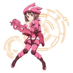 Rule 34 | 1girl, animal ears, artist request, black footwear, boots, brown hair, elbow pads, fake animal ears, firing, full body, gloves, gun, hat, holding, holding gun, holding weapon, knee pads, llenn (sao), looking at viewer, military, military uniform, official art, open mouth, p-chan (sao), pants, pink eyes, pink gloves, pink hat, pink pants, rabbit ears, short hair, simple background, solo, sword art online, sword art online alternative: gun gale online, thigh strap, uniform, weapon, white background