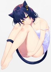 Rule 34 | 1girl, achiki, animal ears, ass, bad id, bad twitter id, bare arms, bare legs, bare shoulders, barefoot, bell, black choker, black hair, black panties, camisole, cat ears, cat girl, cat tail, choker, closed mouth, collarbone, commentary request, crescent, crescent pin, earrings, expressionless, feet, full body, grey background, head tilt, jewelry, jingle bell, long hair, looking at viewer, no pants, original, panties, plantar flexion, shirt, simple background, solo, strap slip, tail, thighs, underwear, white shirt, yellow eyes