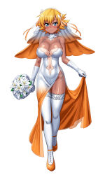 Rule 34 | 1girl, bare shoulders, blonde hair, blue eyes, blush, bouquet, breasts, bridal veil, cleavage, closed mouth, clothes lift, clothing cutout, collarbone, commentary request, commission, crossed legs, detached collar, dress, dress lift, elbow gloves, els (ljhlee12), flipped hair, flower, full body, gloves, gluteal fold, gradient dress, gradient hair, groin, hair between eyes, highres, holding, holding bouquet, igawa sakura, korean commentary, large breasts, lifted by self, looking at viewer, mary janes, multicolored hair, navel, navel cutout, one-piece tan, orange dress, orange footwear, orange hair, shoes, short hair, side cutout, sidelocks, simple background, smile, solo, standing, strapless, strapless dress, taimanin (series), taimanin asagi, tan, tanline, thighhighs, veil, watson cross, wedding dress, white background, white dress, white gloves, white thighhighs