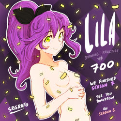 Rule 34 | 1girl, breasts, confetti, convenient censoring, english text, green eyes, long hair, navel, nude, original, ponytail, purple hair, small breasts, solo, srgrafo, standing, upper body