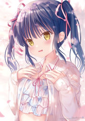 Rule 34 | 1girl, bikini, bikini under clothes, blue hair, collared shirt, commentary request, hair ribbon, hands on own chest, highres, layered bikini, long hair, long sleeves, looking at viewer, open clothes, open shirt, original, parted lips, petals, pink ribbon, ribbon, see-through, shirt, sidelocks, sleeves past wrists, solo, sousouman, swimsuit, twintails, unbuttoned, unbuttoned shirt, upper body, wet, wet clothes, wet shirt, white shirt, yellow eyes