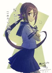 Rule 34 | 1girl, akebono (kancolle), bell, blue sailor collar, blue skirt, blush, character name, closed mouth, crossed arms, dated, flower, green background, hair bell, hair flower, hair ornament, highres, jingle bell, kantai collection, long hair, nagatsuki sana, one-hour drawing challenge, pink flower, pleated skirt, purple eyes, purple hair, sailor collar, school uniform, serafuku, short sleeves, side ponytail, skirt, solo, translation request, twitter username, white background