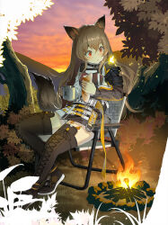 Rule 34 | 1girl, animal ear fluff, animal ears, arknights, belt, belt buckle, belt collar, black belt, black collar, black footwear, black sleeves, black thighhighs, bread, brown dress, brown hair, buckle, bug, bush, butterfly, campfire, ceobe (arknights), chair, chinese commentary, cigarette p, closed mouth, cloud, cloudy sky, collar, commentary request, cross-laced clothes, cross-laced legwear, cup, dress, drink, eating, eyelashes, folding chair, food, full body, holding, holding drink, holding food, insect, light frown, long hair, long sleeves, looking at another, mug, multiple belts, on chair, orange belt, orange eyes, orange sky, outdoors, shirt, shoes, short dress, single shoulder pad, sitting, sky, sleeveless, sleeveless dress, sneakers, solo, sunset, tail, thighhighs, tree, turtleneck, watermark, weibo logo, weibo username, white shirt, wolf ears, wolf tail, yellow butterfly
