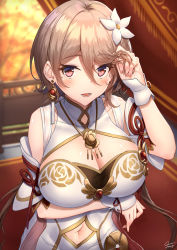Rule 34 | breasts, cleavage, cleavage cutout, clothing cutout, commentary, earrings, eyelashes, eyes visible through hair, flower, hair flower, hair ornament, hair over one eye, highres, honkai (series), honkai impact 3rd, jewelry, large breasts, lips, mole, mole under eye, navel, navel cutout, necklace, red eyes, rita rossweisse, rita rossweisse (artemis), rita rossweisse (maid of celestia), short hair, shoulder cutout, smile, solo, xfate