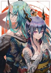 Rule 34 | 2girls, absurdres, arknights, bandages, bare shoulders, blue hair, ch&#039;en (arknights), commentary request, dragon horns, green hair, grey eyes, grin, hair ribbon, hand up, highres, horns, hoshiguma (arknights), japanese clothes, kimono, long hair, looking at viewer, multiple girls, off shoulder, pink eyes, red ribbon, ribbon, sarashi, single horn, smile, tarutaru yamaoka, tattoo, upper body