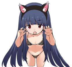 Rule 34 | 1girl, animal ear fluff, animal ears, arms up, bikini, black bikini, blue hair, blunt bangs, breasts, cat ears, claw pose, fake animal ears, fang, highres, idolmaster, idolmaster cinderella girls, long hair, looking at viewer, ookamiuo, open mouth, red eyes, sajo yukimi, simple background, small breasts, solo, swimsuit, very long hair, white background