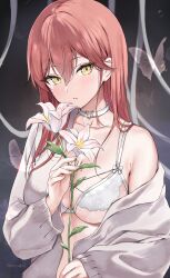 Rule 34 | 1girl, artist name, blush, bra, breasts, bug, butterfly, cardigan, choker, closed mouth, collarbone, flower, grey cardigan, heart, heart choker, highres, holding, holding flower, insect, kaetzchen, large breasts, long hair, long sleeves, looking at viewer, mole, mole on breast, off shoulder, open cardigan, open clothes, original, parted lips, red hair, single bare shoulder, smile, solo, underwear, upper body, white bra, white choker, white flower, yellow eyes