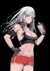 Rule 34 | 1girl, absurdres, arm strap, bad id, bad twitter id, blunt bangs, blush, bottle, breasts, clothes writing, facial mark, girls&#039; frontline, green eyes, grin, hair ornament, highres, hk416 (girls&#039; frontline), holding, holding bottle, ihobus, large breasts, long hair, looking at viewer, navel, short shorts, shorts, silver hair, smile, solo, sports bra, sportswear, stomach, sweat, teardrop, toned, very long hair