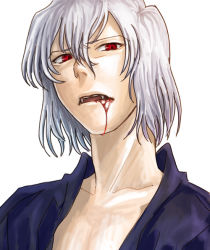 Rule 34 | 00s, 1boy, blood, blood in mouth, blood on face, fangs, japanese clothes, looking at viewer, male focus, red eyes, short hair, solo, tohno shiki (original), tohno shiki (2), tsukihime, upper body, white hair