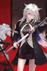 Rule 34 | 1girl, absurdres, animal ears, arknights, black dress, black jacket, blood, blood on face, blood on hands, breasts, candle, commentary, cowboy shot, dress, evil smile, green eyes, green nails, hael, hair between eyes, hair ornament, hairclip, highres, holding, holding sword, holding weapon, jacket, lappland (arknights), long bangs, long hair, looking at viewer, medium breasts, open clothes, open jacket, open mouth, scar, scar across eye, short dress, smile, solo, standing, sword, weapon, white hair