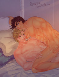 Rule 34 | 2boys, abs, aftersex, anal, bad id, bad pixiv id, bed, blonde hair, brown hair, caesar anthonio zeppeli, cowboy position, cum, cum on ass, cum on body, cum on male, cum on upper body, facial mark, hamaya (19 d), happy sex, implied sex, jojo no kimyou na bouken, joseph joestar, joseph joestar (young), lying, male focus, male penetrated, manly, multiple boys, muscular, nipples, nude, pectorals, pillow, smile, straddling, yaoi