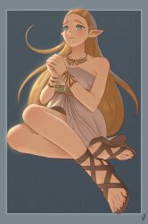 Rule 34 | 1girl, absurdres, aqua eyes, artist logo, blonde hair, blush, border, brown footwear, closed mouth, collarbone, commentary, dress, english commentary, feet, forehead, full body, gladiator sandals, grey background, grey border, grey dress, hands up, highres, jewelry, legs, long hair, looking to the side, mohoshadream, nail polish, necklace, nintendo, own hands together, patterned background, pink nails, pointy ears, princess zelda, sandals, short dress, sitting, solo, strapless, strapless dress, the legend of zelda, the legend of zelda: breath of the wild, toenail polish, toenails, toes