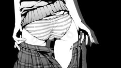 Rule 34 | 1girl, ass, black background, cropped, from behind, greyscale, groin, highres, kantoku, kurumi (kantoku), legs, md5 mismatch, monochrome, open clothes, open skirt, original, panties, plaid, plaid skirt, pleated skirt, resized, shadow, shiny skin, simple background, skirt, solo, striped clothes, striped panties, thigh gap, underwear, undressing