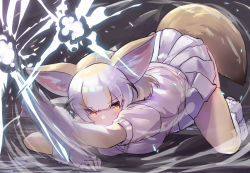 Rule 34 | 1girl, all fours, animal ear fluff, animal ears, blonde hair, blunt bangs, commentary, elbow gloves, fennec (kemono friends), fox ears, fox girl, fox tail, full body, fur trim, gloves, hair between eyes, kemono friends, looking at viewer, medium hair, multicolored hair, pink shirt, pleated skirt, puffy short sleeves, puffy sleeves, shirt, short sleeves, skirt, solo, tadano magu, tail, thighhighs, top-down bottom-up, two-tone hair, white hair, white skirt, yellow eyes
