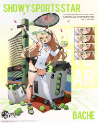Rule 34 | 1girl, asymmetrical legwear, azur lane, bache (azur lane), bache (showy sports star) (azur lane), ball, bare shoulders, black choker, blonde hair, breasts, choker, cleavage, commentary request, detached sleeves, green-tinted eyewear, green-tinted glasses, highres, long hair, looking at viewer, mismatched legwear, official alternate costume, official art, one eye closed, open mouth, polo shirt, purple eyes, racket, single thighhigh, skindentation, smile, solo, sportswear, sunglasses, tennis, tennis ball, tennis racket, tennis uniform, thigh strap, thighhighs, tinted eyewear, twintails, uneven legwear, very long hair, visor, visor cap, waterkuma, white thighhighs