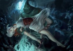 Rule 34 | 1boy, 1girl, carrying, closed eyes, highres, league of legends, monster boy, princess carry, rinrindaishi, riven (league of legends), sword, underwater, weapon, white hair, zac (league of legends)