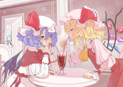 Rule 34 | 3girls, absurdres, ascot, bat wings, belt, blonde hair, blood, blue dress, blush, blush stickers, bow, bowtie, braid, breasts, brown belt, brown bow, brown capelet, brown nails, capelet, chair, closed eyes, cross, crystal, door, dress, drink, drinking, fingernails, flandre scarlet, floor, glass, grey hair, hair between eyes, hand up, hands on own face, hands up, hat, hat ribbon, heart, heart-shaped pupils, highres, indoors, izayoi sakuya, jewelry, juliet sleeves, kawayabug, long fingernails, long sleeves, looking at another, looking down, maid, maid headdress, mob cap, multicolored wings, multiple girls, nail polish, one side up, open door, open mouth, pink headwear, pink shirt, pointy ears, puffy long sleeves, puffy short sleeves, puffy sleeves, purple hair, red bow, red bowtie, red eyes, red ribbon, red skirt, red vest, remilia scarlet, ribbon, shirt, short hair, short sleeves, siblings, sisters, sitting, skirt, small breasts, smile, standing, symbol-shaped pupils, table, touhou, twin braids, vest, wall, white dress, white headwear, window, wings, wrist cuffs, yellow ascot
