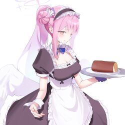 Rule 34 | 1girl, absurdres, alternate hairstyle, black dress, blue archive, breasts, cake, cleavage, closed mouth, dress, food, hair bun, highres, holding, holding tray, large breasts, long hair, mika (blue archive), nonoa, pink hair, puffy short sleeves, puffy sleeves, short sleeves, simple background, single side bun, smile, solo, swiss roll, tray, two side up, white background, wrist cuffs, yellow eyes