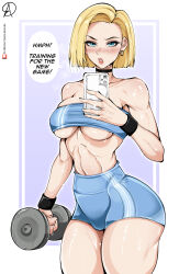 Rule 34 | 1girl, abs, absurdres, almualim, android 18, blonde hair, breasts, cellphone, choker, dragon ball, dragonball z, dumbbell, earrings, english text, highres, jewelry, large breasts, muscular, muscular female, phone, short hair, shorts, smartphone, solo, sweat, underboob