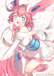 Rule 34 | 1girl, animal ears, blue eyes, bow, bowtie, bright pupils, creatures (company), dated, female focus, furisode, game freak, gen 6 pokemon, highres, iltusa, japanese clothes, kimono, nintendo, open mouth, personification, pink background, pink bow, pink bowtie, pink footwear, pink hair, pokemon, pokemon xy, ribbon, solo, standing, standing on one leg, sylveon, tail, tooth