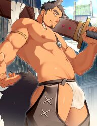 Rule 34 | 1boy, abs, animal ears, armlet, aruji (hidora), bara, beckoning, biceps, black hair, bulge, cityscape, clothing cutout, covered penis, crotchless, crotchless pants, dark-skinned male, dark skin, ear down, earrings, eyebrow cut, facial hair, feather earrings, feathers, feet out of frame, flaccid, from below, goatee, head tilt, hidora art, highres, jewelry, large pectorals, long sideburns, looking at viewer, male focus, mature male, muscular, muscular male, navel, navel hair, necklace between pecs, nipples, original, outstretched hand, over shoulder, pants, pectorals, reaching, reaching towards viewer, see-through, shield necklace, short hair, sideburns, solo, standing, stomach, sword, sword over shoulder, tail, thick eyebrows, thick thighs, thigh cutout, thighs, topless male, undercut, weapon, weapon over shoulder, white loincloth, wolf boy, wolf ears, wolf tail, yellow eyes