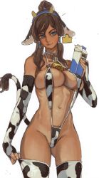 Rule 34 | 1girl, animal ears, animal print, avatar legends, bare shoulders, bell, bikini, blue eyes, breasts, brown hair, closed mouth, cow ears, cow horns, cow print, cow print bikini, cow print gloves, cow print thighhighs, cow tail, cowbell, dark-skinned female, dark skin, ear tag, elbow gloves, fingerless gloves, gloves, hair tubes, high ponytail, highres, holding, holding carton, horns, korra, large breasts, milk, mossacannibalis, navel, neck bell, o-ring, o-ring swimsuit, print bikini, print gloves, print thighhighs, pulled by self, simple background, slingshot swimsuit, smile, solo, swimsuit, tail, the legend of korra, thighhighs, thighhighs pull, white background