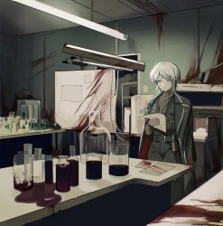 Rule 34 | 1girl, belt, black belt, black coat, black pants, blood, blood splatter, brown sweater, closed mouth, coat, commentary, faust (project moon), flask, hand up, highres, holding, holding paper, indoors, jar, laboratory, lamp, limbus company, long sleeves, na-gyou (nunumaru), pants, paper, project moon, ribbed sweater, solo, standing, sweater, symbol-only commentary, table, turtleneck, turtleneck sweater, wing collar