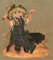 Rule 34 | 10s, 1girl, absurdres, alternate costume, animal ears, armlet, armpits, barefoot, beyu, blonde hair, braid, brown eyes, brown hat, clothing cutout, ears through headwear, extra ears, fang, full body, hands up, hat, highres, holding, holding sword, holding weapon, kemono friends, lion (kemono friends), lion ears, lion tail, long hair, looking at viewer, open mouth, over shoulder, sand, sheath, sheathed, side cutout, sleeveless, smile, solo, standing, sword, tagme, tail, traditional clothes, twin braids, weapon, weapon over shoulder, wind