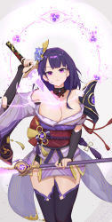 Rule 34 | 1girl, absurdres, adapted costume, armor, braid, breasts, bridal gauntlets, cleavage, commentary request, dieflsh, floral print, flower, genshin impact, hair ornament, highres, holding, holding polearm, holding spear, holding sword, holding weapon, human scabbard, japanese clothes, kimono, large breasts, long hair, long sleeves, looking at viewer, mitsudomoe (shape), mole, mole under eye, naginata, obi, obiage, obijime, open mouth, polearm, purple eyes, purple flower, purple hair, raiden shogun, ribbon, sash, shoulder armor, simple background, solo, spear, sword, tassel, thighhighs, tomoe (symbol), weapon, wide sleeves