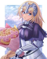Rule 34 | 1girl, armor, armored dress, blonde hair, blue eyes, bouquet, braid, braided ponytail, chain, fate/apocrypha, fate (series), faulds, floating hair, flower, hair between eyes, headpiece, highres, holding, holding bouquet, jeanne d&#039;arc (fate), jeanne d&#039;arc (ruler) (fate), long hair, looking at viewer, open mouth, pink flower, pink rose, red flower, rose, single braid, solo, souyoru, standing, sword, very long hair, weapon, yellow flower