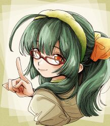 Rule 34 | 1girl, ahoge, alternate hairstyle, bespectacled, blunt bangs, blush, bow, brown shirt, commentary request, cropped shoulders, from behind, glasses, green hair, green hairband, hair bow, hair over shoulder, hairband, hand up, highres, index finger raised, long hair, looking at viewer, looking back, looking over eyewear, multicolored background, natsu tuna, orange bow, orange eyes, ponytail, red-framed eyewear, shirt, smile, solo, touhoku zunko, voiceroid, white background