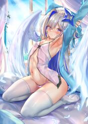 Rule 34 | 1girl, alternate costume, amane kanata, angel, armpits, arms behind head, arms up, babydoll, bed, black babydoll, blue eyes, blue hair, blue robe, blue sky, blush, breasts, closed mouth, collarbone, day, eyebrows, eyelashes, feathered wings, feathers, female focus, foot out of frame, frilled babydoll, frills, from side, grey hair, hair ornament, hand on own arm, highres, holoforce, hololive, hooded robe, indoors, jagoo, long hair, long sleeves, looking at viewer, looking to the side, multicolored hair, naughty face, navel, on bed, open clothes, open robe, outstretched arm, panties, petite, pink babydoll, pink panties, robe, seiza, sitting, sky, small breasts, smile, solo, star (symbol), star hair ornament, stretching, thighhighs, thighs, toes, two-tone babydoll, two-tone hair, underwear, virtual youtuber, white feathers, white thighhighs, wings
