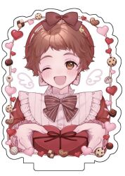 Rule 34 | 1boy, blush, box, brown eyes, brown hair, candy, chocolate, chocolate heart, cookie, drawn wings, earrings, ensemble stars!, food, gift, gift box, grey background, heart, holding, holding gift, jewelry, long sleeves, looking at viewer, male focus, moka (210727), one eye closed, open mouth, red shirt, shirt, simple background, solo, tenma mitsuru