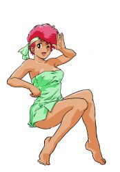 Rule 34 | 1980s (style), 1girl, ;d, armpits, bandana, bare arms, bare legs, bare shoulders, barefoot, black eyes, breasts, brown eyes, cleavage, collarbone, dark-skinned female, dark skin, dirty pair, feet, full body, hand on own hip, hand up, happy, headband, kei (dirty pair), knees together feet apart, legs, long legs, medium breasts, naked towel, official art, oldschool, one eye closed, open mouth, pink hair, red hair, salute, short hair, simple background, sitting, smile, soles, solo, toes, towel, vulcan salute, waving, white background